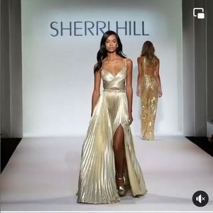 Sherri Hill 53738 Gold Cut Out Side Gown Dress 0